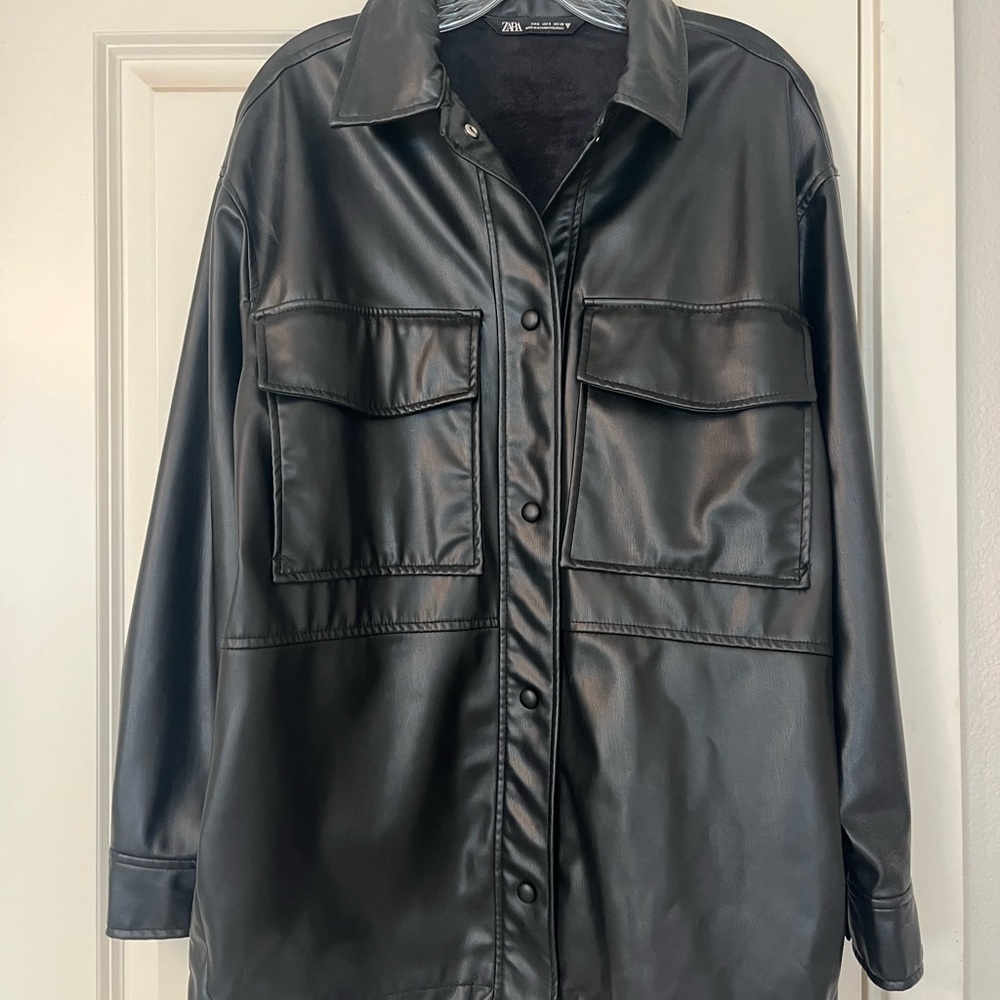 ZARA Faux Leather Shirt Jacket Shacket, Black, Size Small